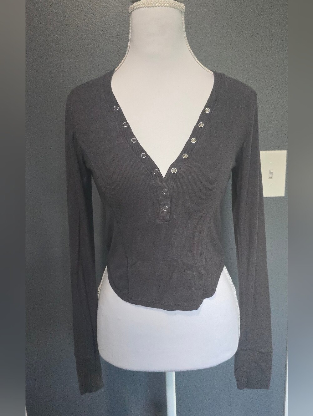 Garage Black Ribbed Long-Sleeve Henley Top with Snap Accents